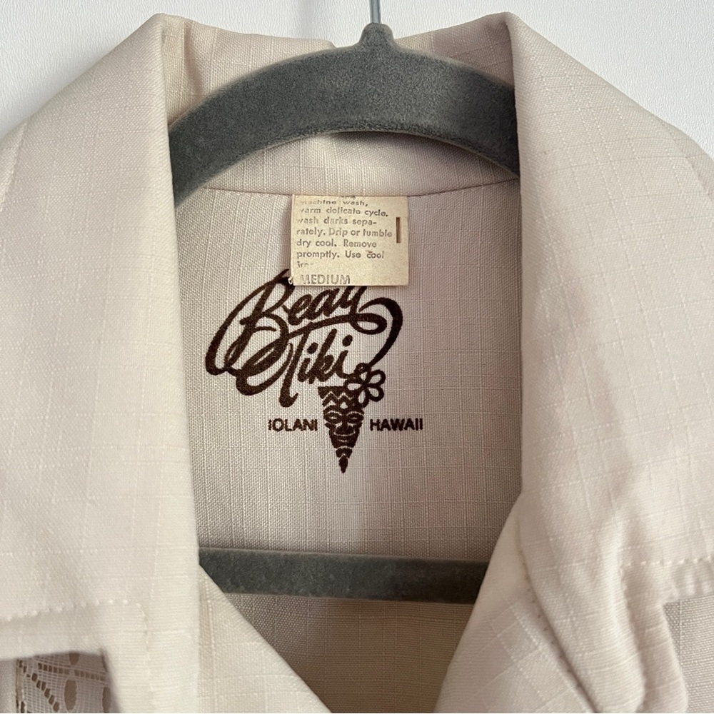 Vintage Lolani Beau Tiki Hawaiian Shirt Cream Beige Lace Men’s Size Medium - Picture 6 of 9